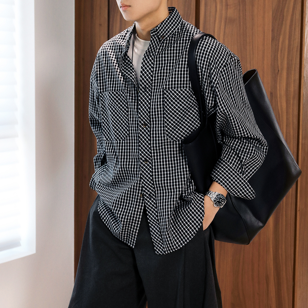 Extfine春秋黑白格子长袖衬衫男纯棉阔版设计感小众高级感宽松