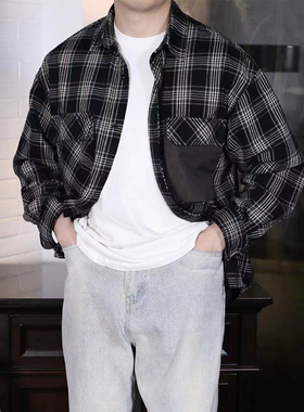 【断码特价】秋冬季复古宽松格纹拼色口袋加厚格子衬衫男长袖质感