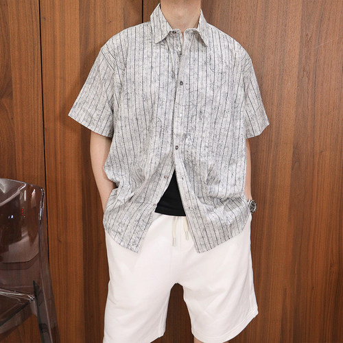Extfine夏季复古肌理感竖条纹短袖衬衫男 松弛感通勤休闲百搭衬衣