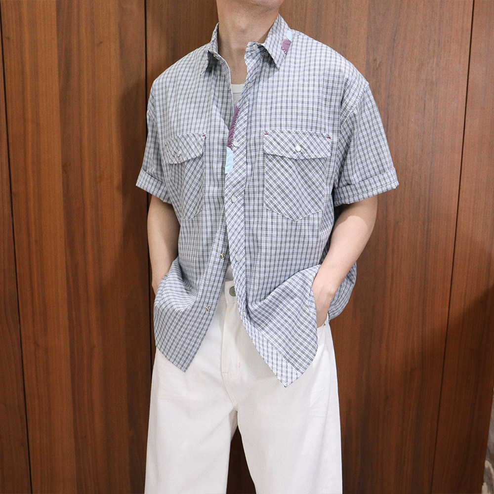 Extfine夏季高级感撞色补丁格纹短袖男夏季休闲通勤百搭衬衣宽松