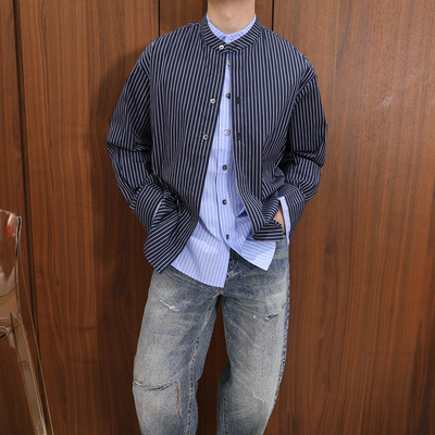 Extfine日系假两件条纹衬衫男长袖立领叠穿设计感小众宽松衬衣