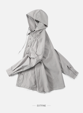 【断码特价】秋冬日系可拆卸连帽翻领长袖衬衫男宽松设计感小众