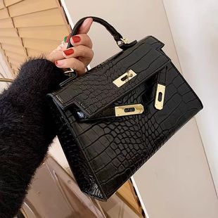 包包女时尚 黑色包包2024新款 高级感鳄鱼纹斜挎洋气手提凯莉包迷你