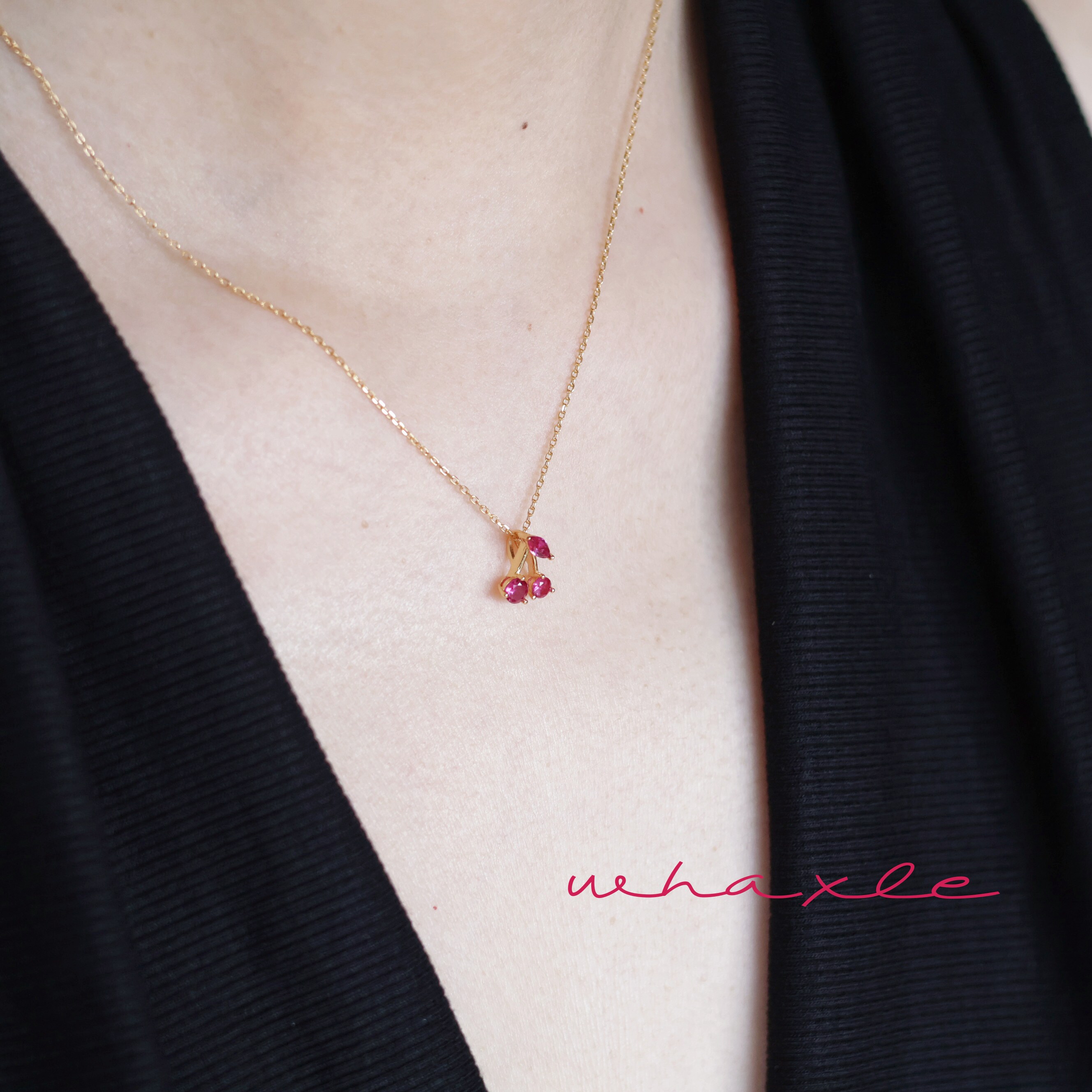 霓虹甜心| Whaxle 红色樱桃吊坠少女甜美925银镀18k金项链锁骨链