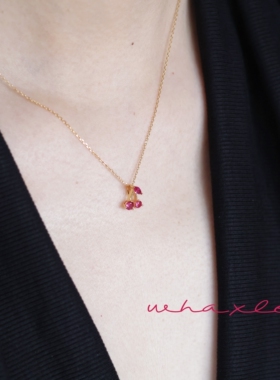 霓虹甜心| Whaxle 红色樱桃吊坠少女甜美925银镀18k金项链锁骨链
