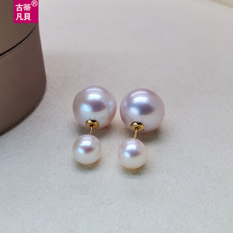 18k金珍珠耳钉双珠双戴正圆强光