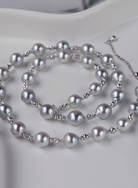 天然海水珍珠项链7-8mm真多麻Akoya隔珠时尚颈链轻微巴洛克灰蓝色