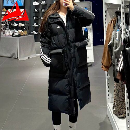 阿迪达斯三叶草男女装2025冬季经典保暖宽松长款连帽羽绒服KC2564
