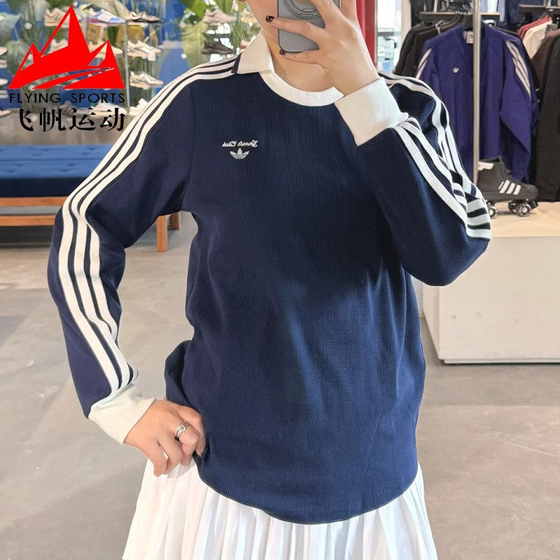 阿迪达斯三叶草女装2025秋季款学院风华夫格运动长袖POLO衫JM8012