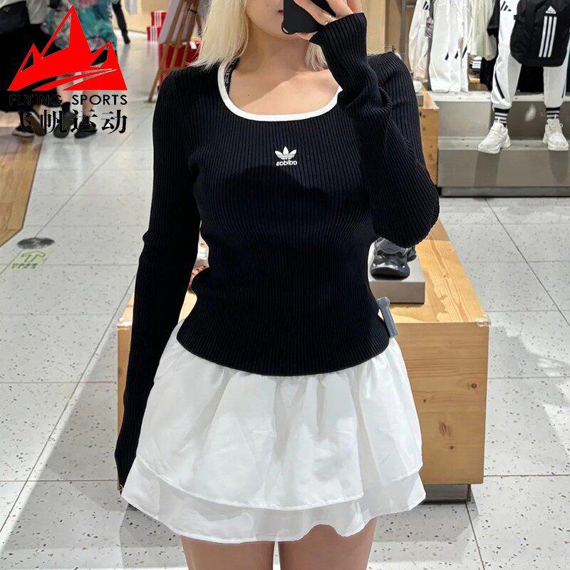 阿迪达斯三叶草女装2024冬复古针织衫紧身运动方领打底上衣JM8052