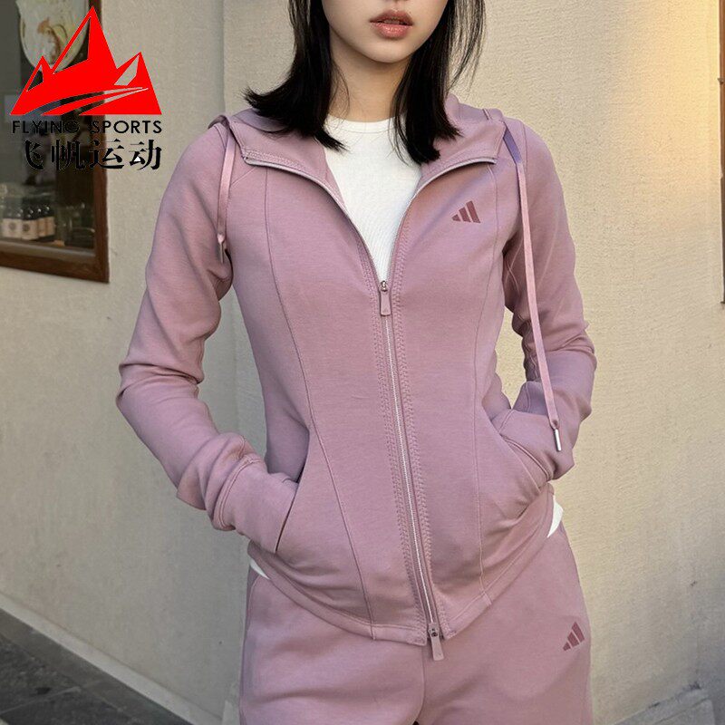 阿迪达斯女外套2026春款修身短款跑步训练休闲运动连帽夹克KH2700