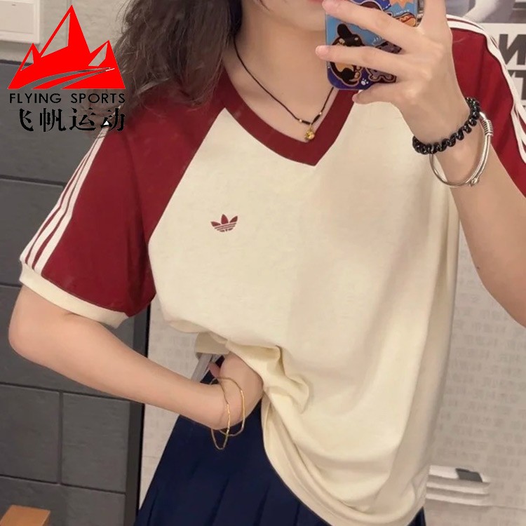 阿迪达斯三叶草女装2026夏经典撞色V领运动短袖T恤 KE6163 KF0315