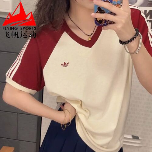 阿迪达斯三叶草女装2026夏经典撞色V领运动短袖T恤 KE6163 KF0315