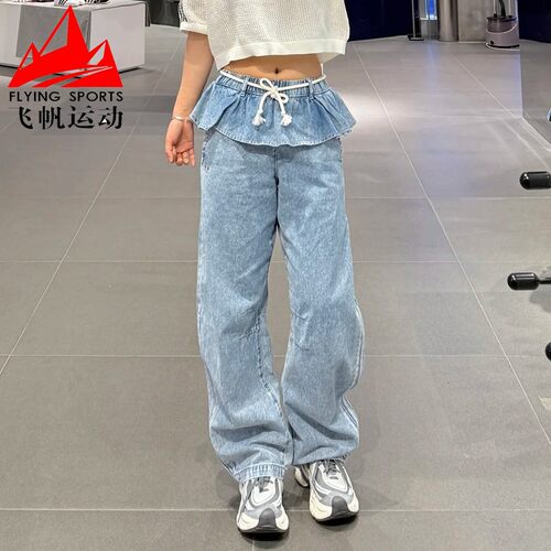 阿迪达斯三叶草女裤2026夏季荷叶边复古纯棉宽松运动牛仔裤KT3051