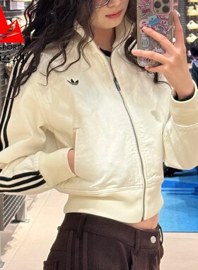 阿迪达斯三叶草女装2026春款纯棉修身短款牛仔运动夹克外套KD2892