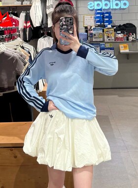 阿迪达斯三叶草女装2025春经典条纹宽松POLO领运动长袖T恤 JM8011