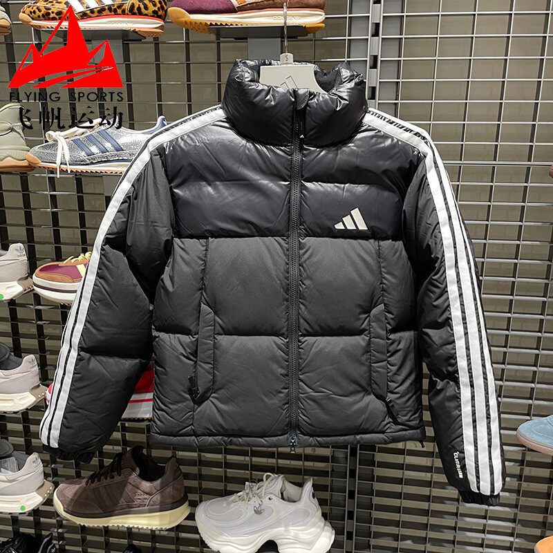 阿迪达斯羽绒服女2025冬拒水防风保暖三条纹立领面包服外套KC5894