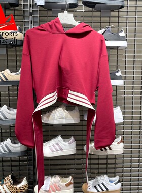 阿迪达斯女装短款卫衣2026春宽松三条纹运动休闲连帽套头衫KX4643