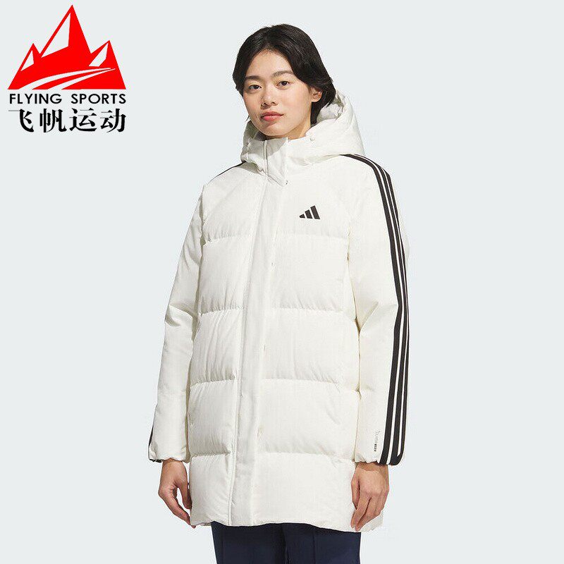 阿迪达斯羽绒服女2025冬三条纹拒水防风中长款连帽鸭绒外套KC2485