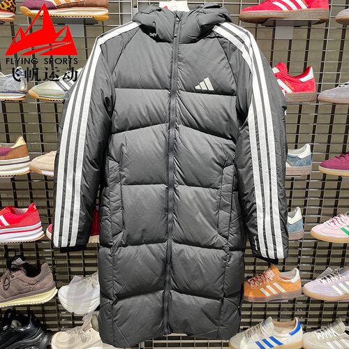 阿迪达斯男装2025冬三条纹长款拒水保暖宽松连帽羽绒服外套KC2498
