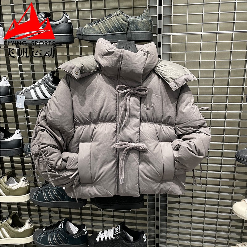 阿迪达斯三叶草女款2025冬宽松短款鸭绒连帽面包羽绒服外套KC2609
