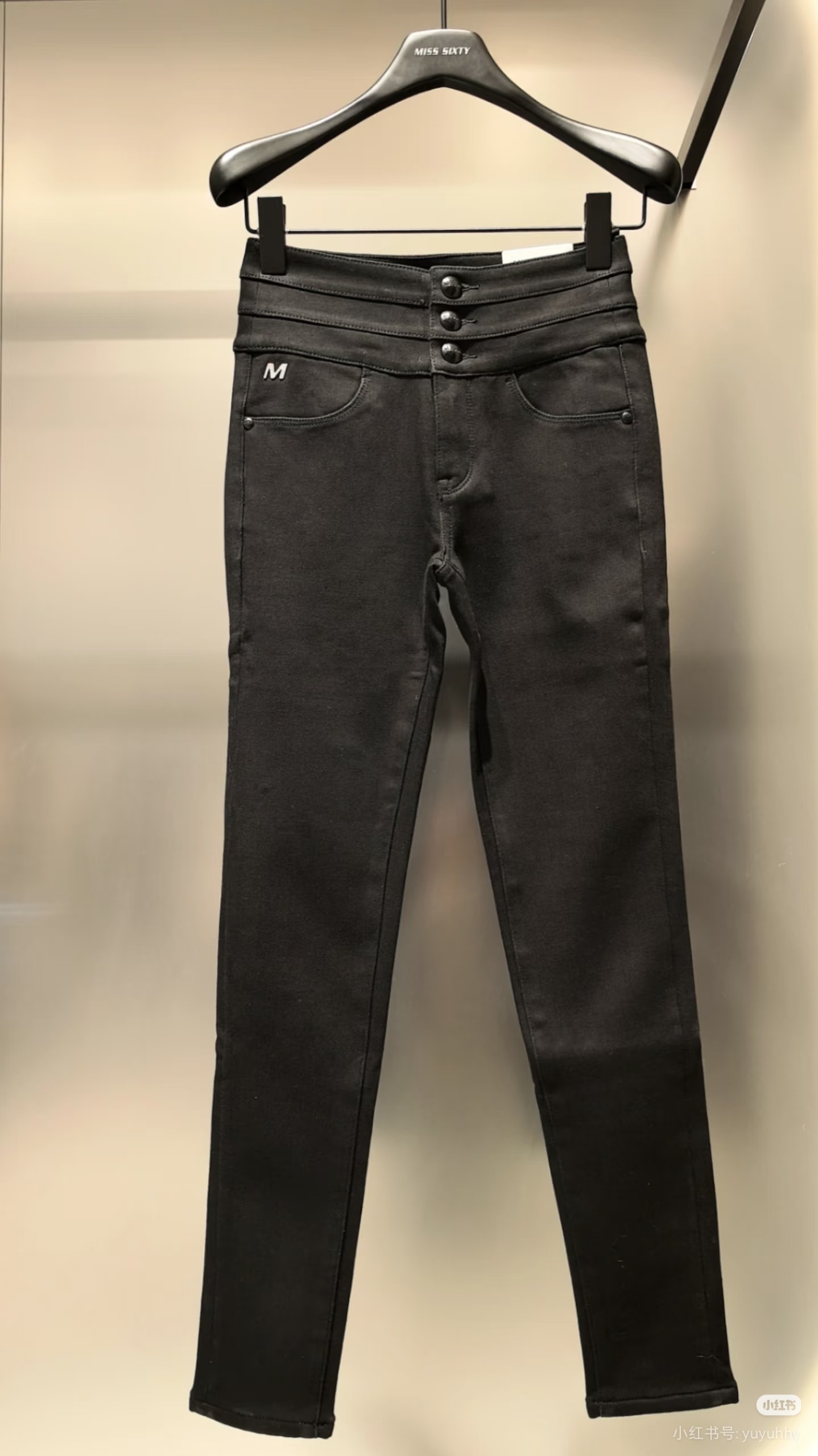 2024冬季复合绒牛仔裤女三环高腰修身厚黑灰铅笔裤6T3J11990800