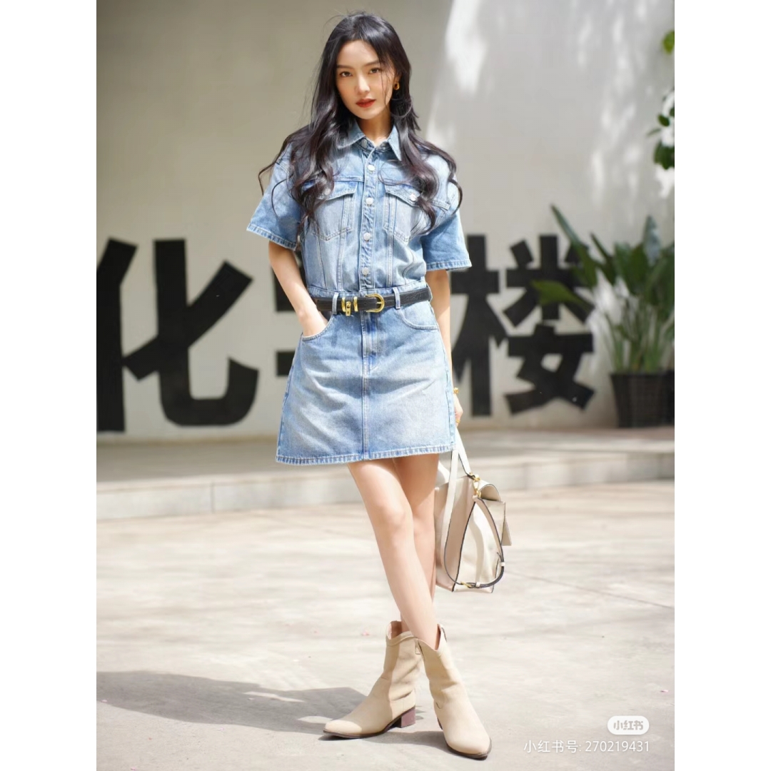 专柜直发夏季新款连衣裙女纯棉牛仔工装衬衫裙M-6T2DJ8361000