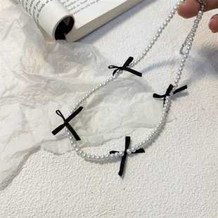 韩国甜美蓝色蕾丝蝴蝶结珍珠饰品项链女百搭高级感多巴胺锁骨颈链