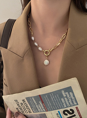 复古巴洛克珍珠吊坠拼接项链女ins潮轻奢小众设计毛衣链配饰