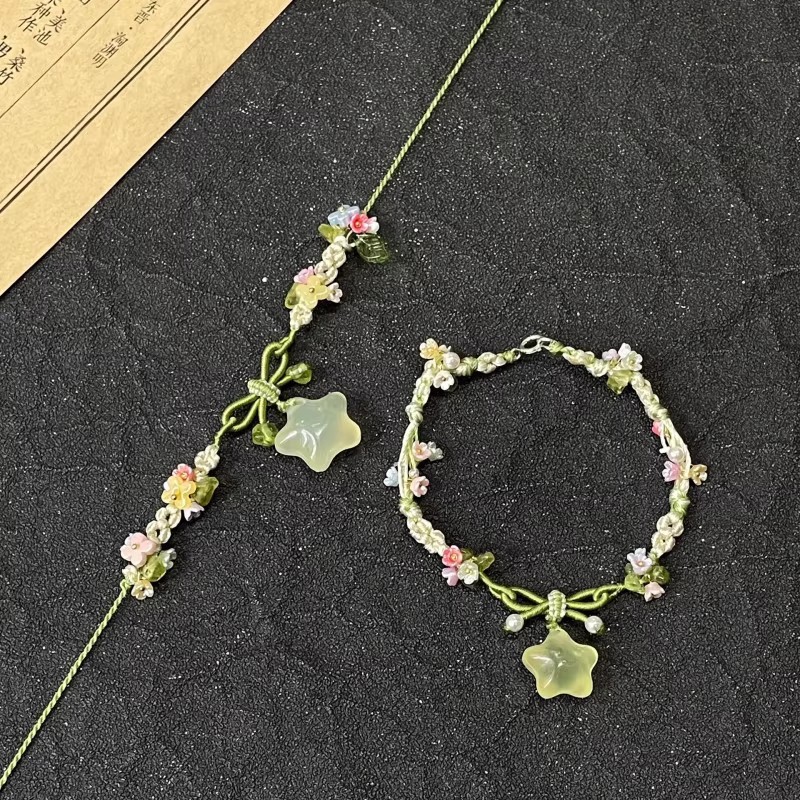 新中式冰透小星星五彩花朵编织手链女个性百搭手环轻奢锁骨链新款