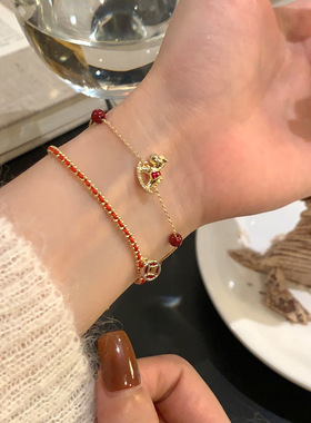 本命年红绳小马钱币玛瑙编织双层手链女轻奢高级感手绳气质手饰