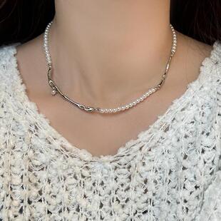 法式小众文艺复古树枝珍珠拼接项链时尚设计不规则毛衣链百搭高级