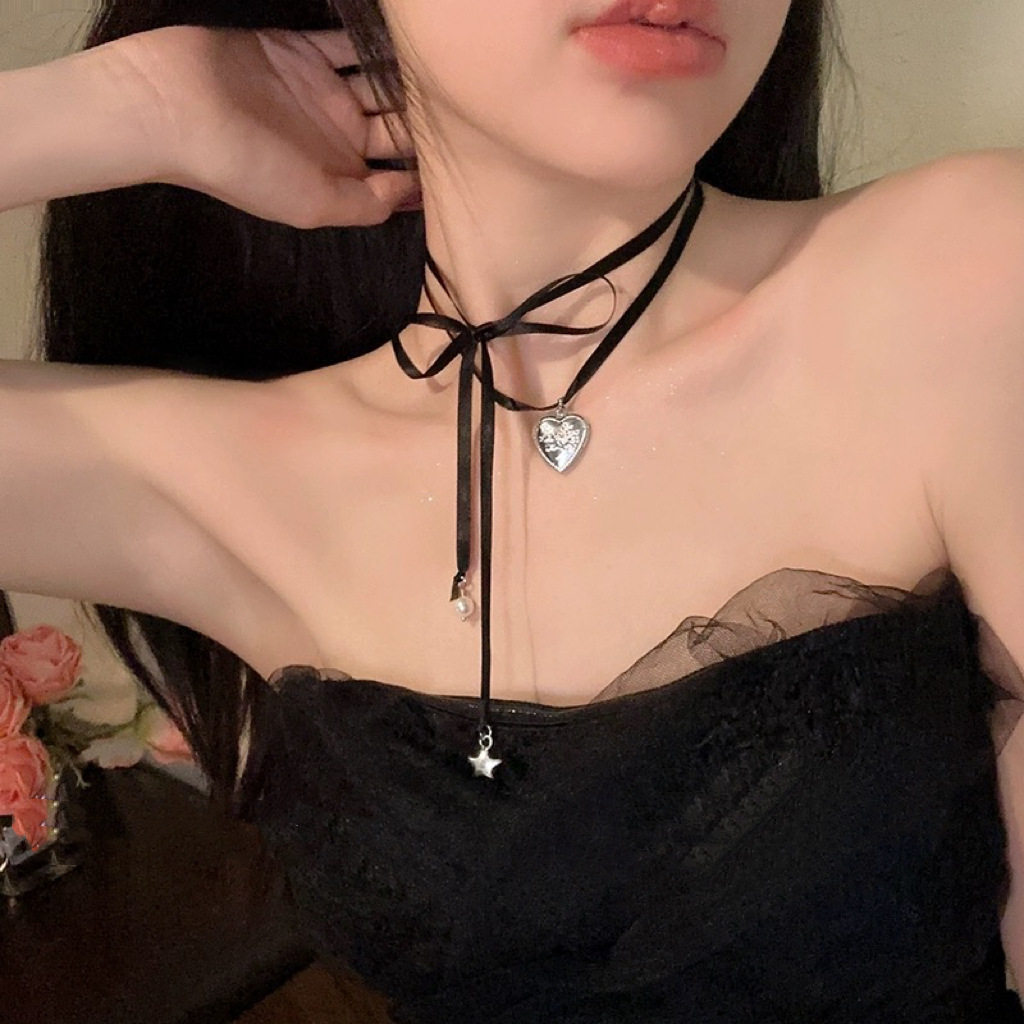 少女时代韩素希同款双层甜美系带颈链轻奢辣妹爱心相框吊坠项链女