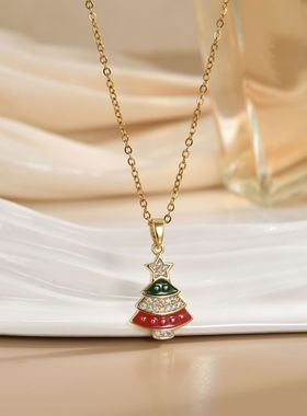 欧美新款圣诞树微镶滴釉项链女秋冬款氛围设计感圣诞节礼物女