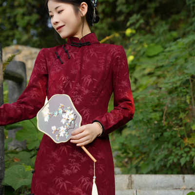 【惊鸿】秋冬季长袖日常全开旗袍修身复古中式风显瘦深红色竹叶提