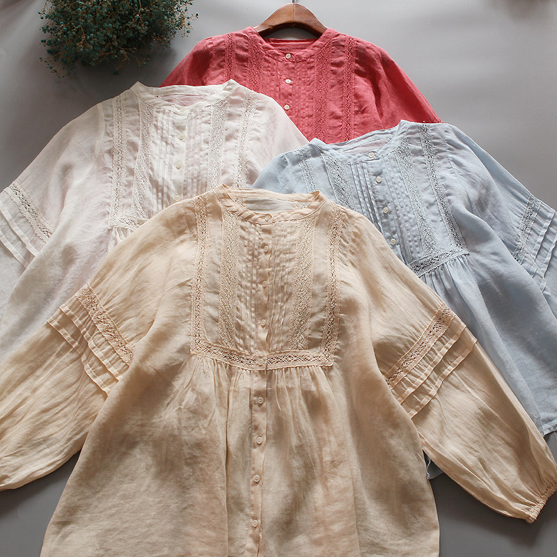 日系文艺风复古法式圆领拼蕾丝花边　苎麻长袖宽松衬衣上衣灯笼袖