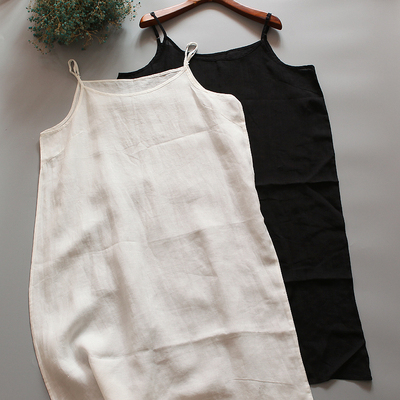 文艺风苎麻连衣裙纯色打底吊带裙