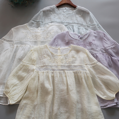 宽松文艺七分袖苎麻刺绣衬衫