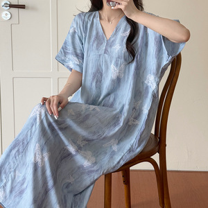 中式棉绸女夏短袖连衣裙沙滩风