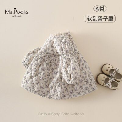 秋冬新款梦幻森林婴幼儿A类童装裙子女宝加绒碎花夹棉长袖连衣裙