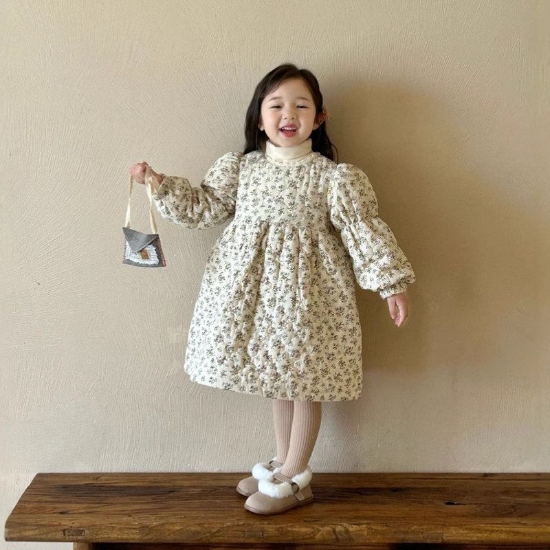 2024冬季新品 韩版童装 女童韩版碎花绗线棉裙 加绒加厚连衣裙子
