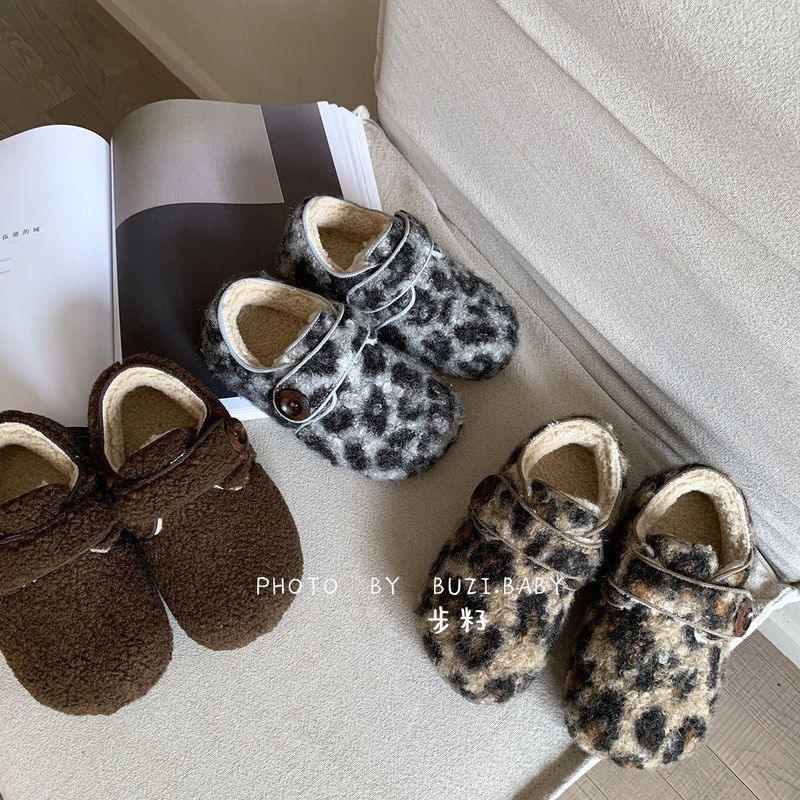 韩版豹纹毛呢童鞋小童儿童冬季