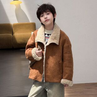 环保儿童皮毛一体外套冬款麂皮绒简约机车服短款女童男童皮草大衣
