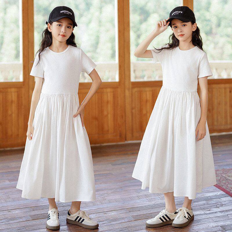 女童连衣裙夏季短袖背心纯色棉布裙子2026白色长裙大童儿童公主裙