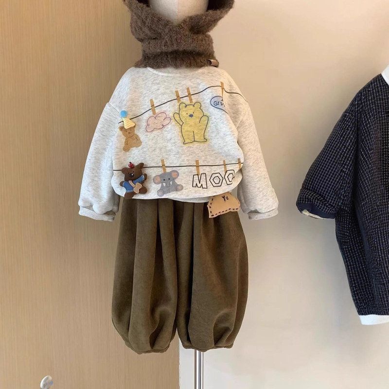 橘思儿童套装25冬季新款加绒圆领卡通卫衣中小童宽松灯笼裤套