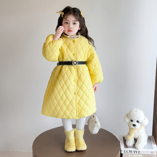 女童菱格纹棉服中长款加厚收腰连衣裙秋冬洋气公主裙棉袄