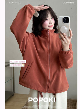 2025秋冬新POPOK蓄热万粒绒女士休闲外套时尚立领宽松小仙绒6015