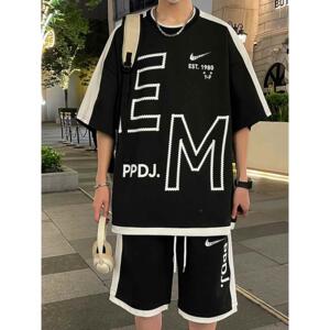 耐克顿夏季新款青少年圆领短袖t恤套装男薄款初高中学生帅气短裤