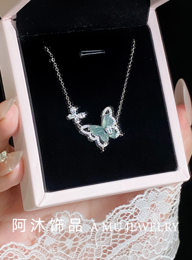 新中式纯银天然翡翠蝴蝶项链女