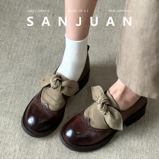 羊皮版sanjuan三卷小皮鞋英伦风拼接绑带玛丽珍鞋法式不累小跟鞋